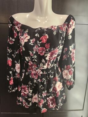 La Hearts Black Long Sleeve Off-Shoulder Floral Peplum Dress